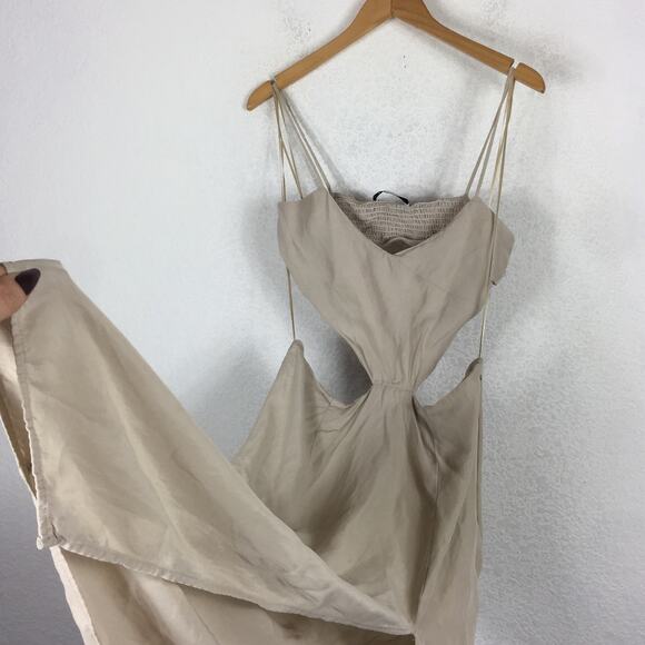 Zara Cream Cut Out Midi Dress Large Smocked Sleeveless Summer Lightweight - Picture 10 of 12